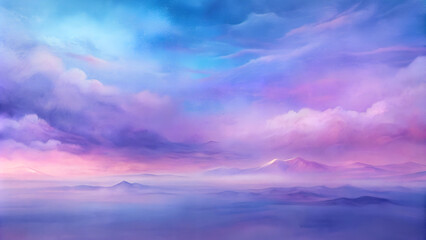 Dreamy pastel landscape with soft clouds and mountains for serene artistic backgrounds
