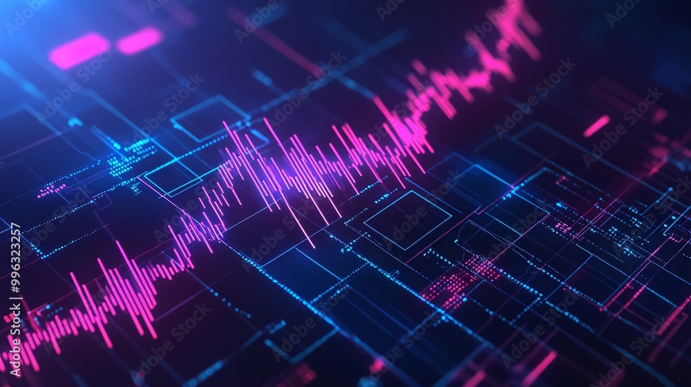 Poster abstract digital background featuring vibrant waveforms and geometric patterns in blue and pink tone