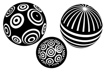 Decorated spheres vector illustrations set, abstract beautiful balls with patterns, 3D globes design concept collection, single color black and white useful for logos.