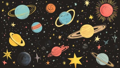 Naklejka premium Hand-drawn stars and planets, playful space theme, flat design illustration