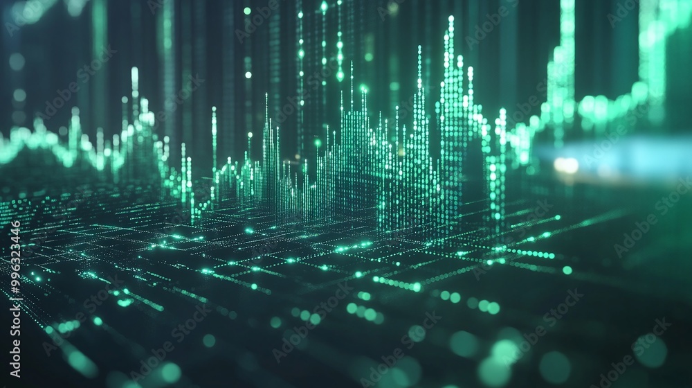 Poster abstract digital background showcasing data visualization in vibrant green tones.