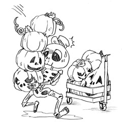 たくさんのカボチャを運ぶ骸骨の配達員イラストの線画