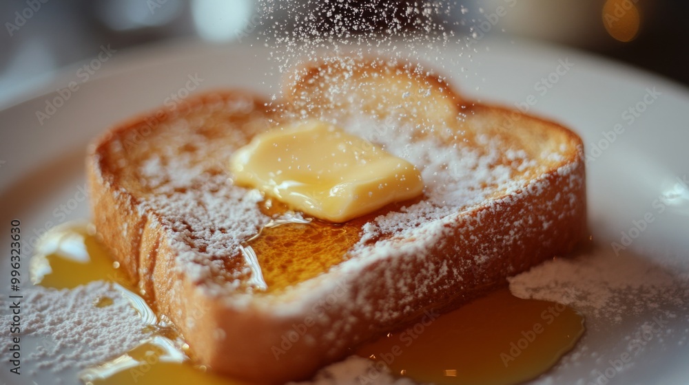 Poster A detailed shot of a slice of honey toast with perfectly melted butter and a sprinkle of powdered sugar, showcasing the deliciousness and comfort of this popular treat.