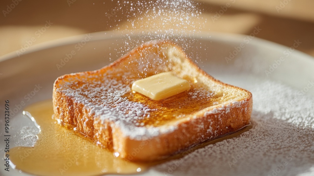 Poster A detailed shot of a slice of honey toast with perfectly melted butter and a sprinkle of powdered sugar, showcasing the deliciousness and comfort of this popular treat.