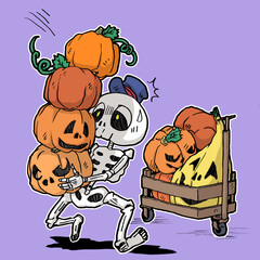 たくさんのカボチャを運ぶ骸骨の配達員のカラーイラスト