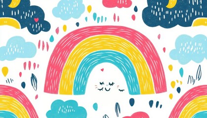 Naklejka premium Crayon-drawn rainbows and clouds, playful colors, flat design illustration