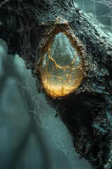 A raindrop suspended on a spider web with a miniature universe inside,