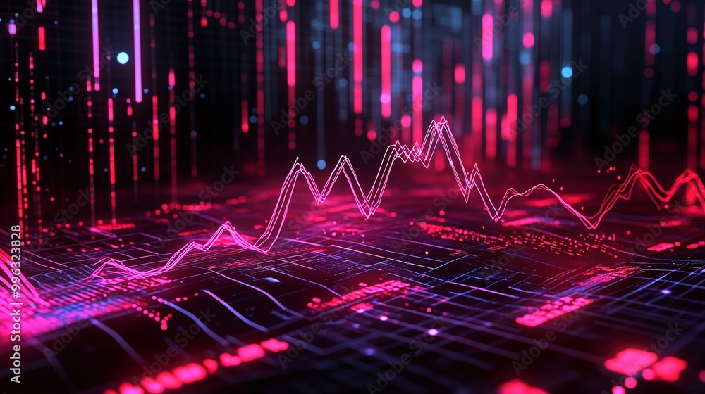 Poster abstract digital background with colorful data visualization, vibrant lines and graphs representing 