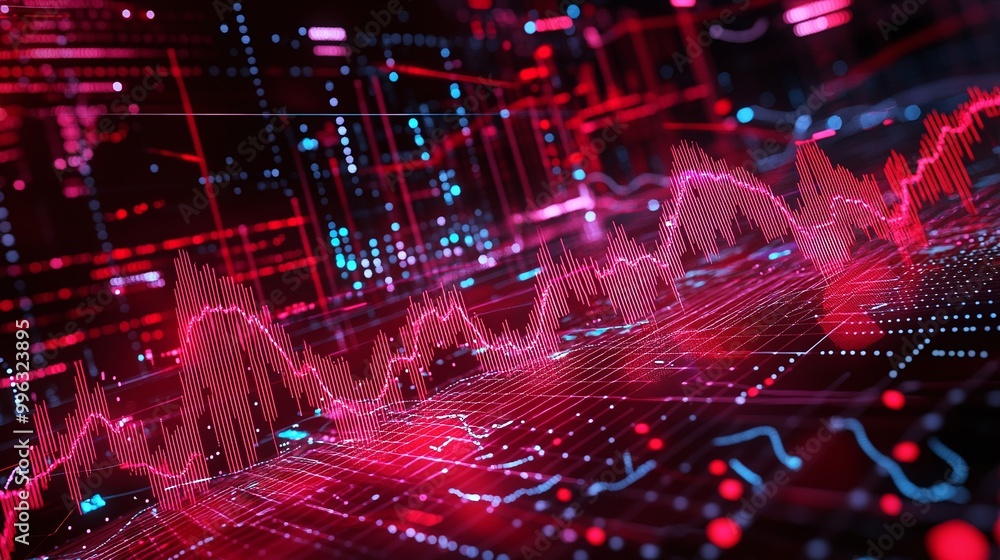 Poster abstract digital background with colorful data visualization and glowing graphs representing technol