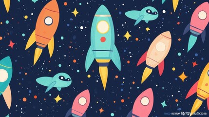 Child-drawn rockets and aliens, space theme, flat design illustration