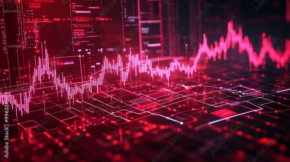 Poster abstract digital background with data visualization and graph trends in vibrant red tones.