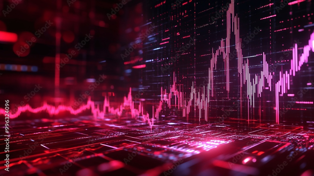 Poster abstract digital background with dynamic graphs and data visualization in red tones, symbolizing fin