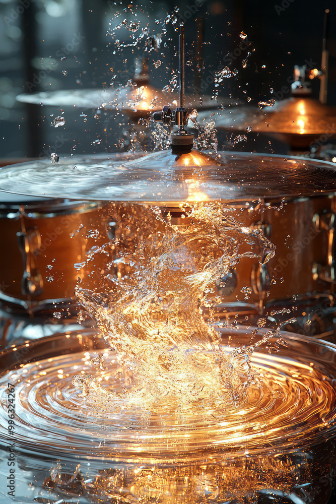Poster a drum set exploding into waves of rhythm,