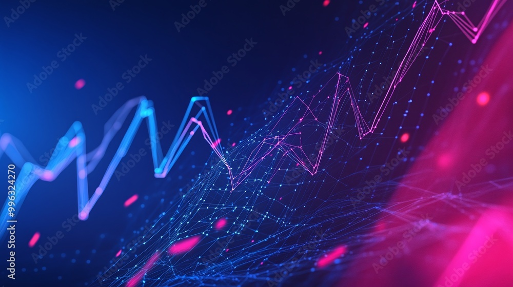 Poster abstract digital background with glowing graph lines, blue and pink colors, representing data analys