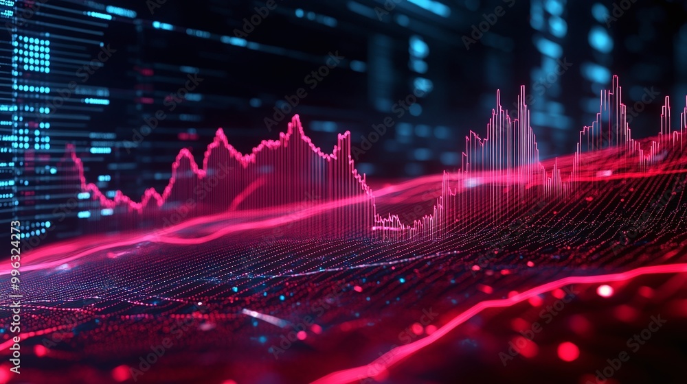 Poster abstract digital background with glowing data visualization, vibrant graph lines representing modern