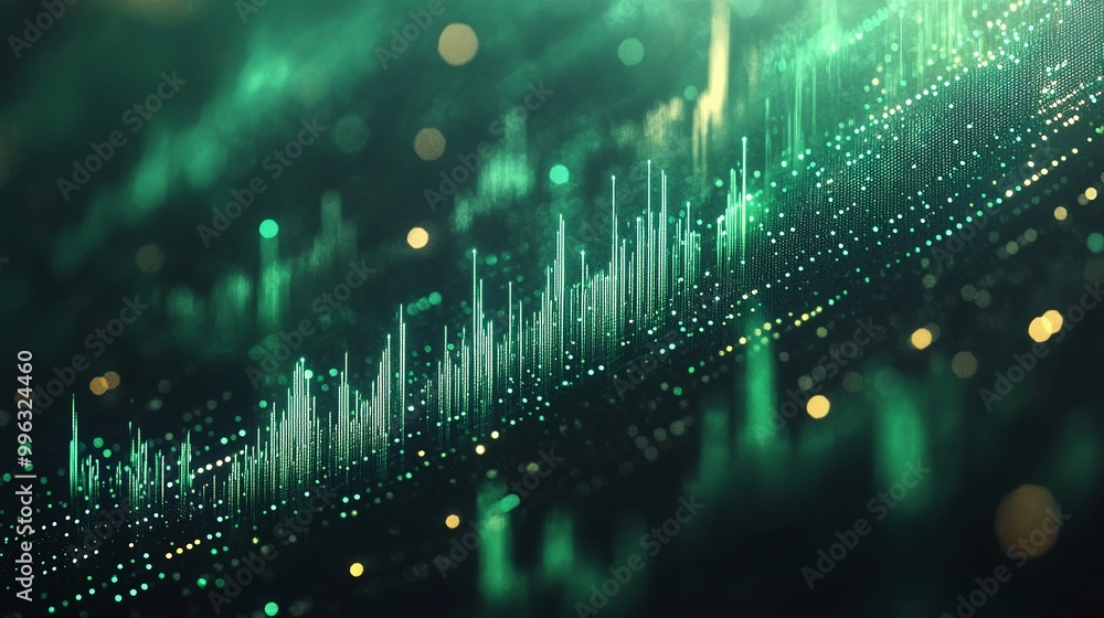 Poster abstract digital background with glowing green data waves and visual sound frequencies.