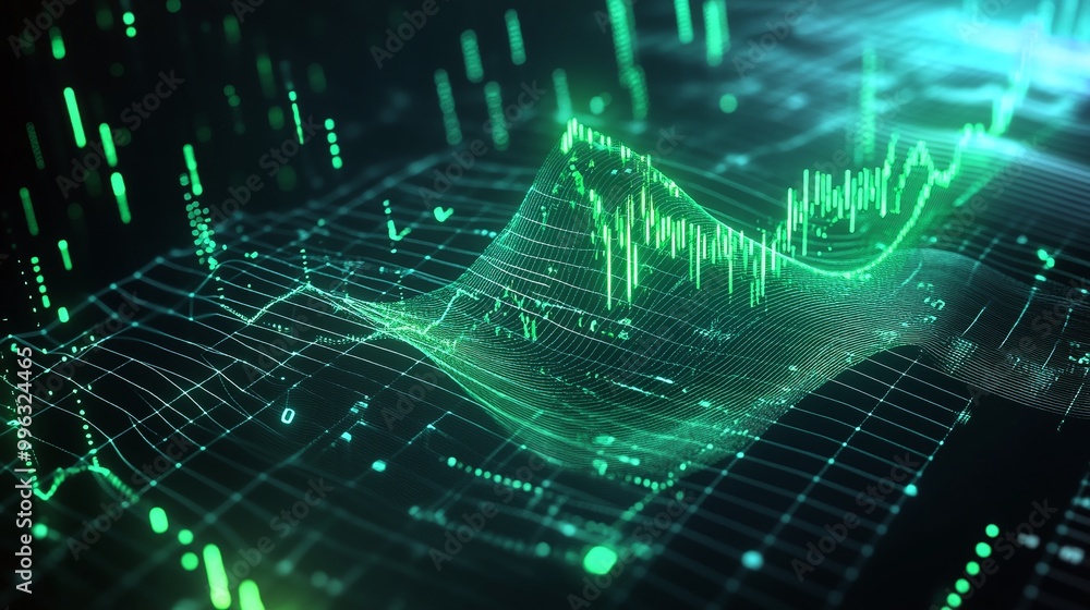 Poster abstract digital background with glowing green data visualization and graph patterns, depicting adva
