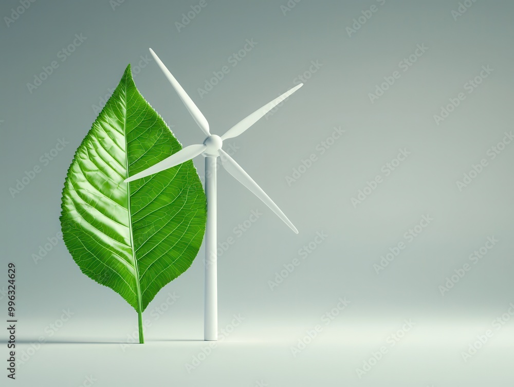 Wall mural Green Leaf and Wind Turbine.