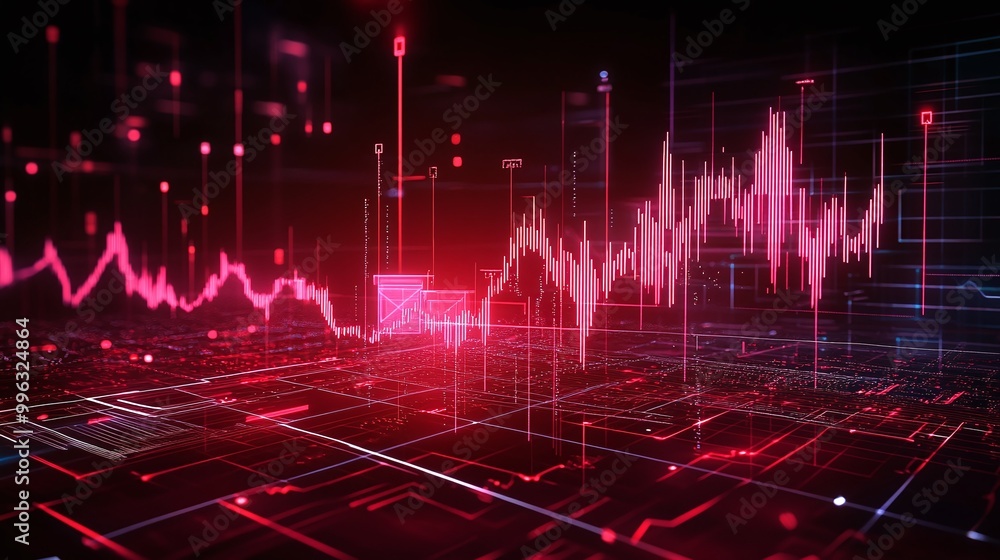 Poster abstract digital background with pink data visualization, showing fluctuating graphs and technology 