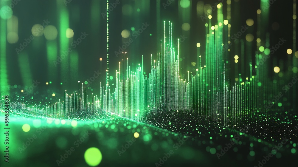 Poster abstract digital background with green light particles and wave patterns representing technology and