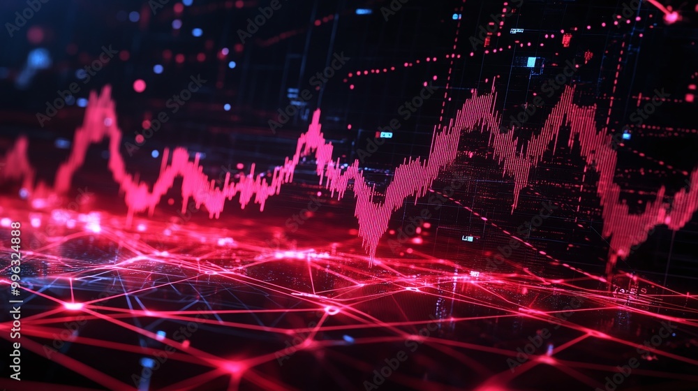 Poster abstract digital background with red and black financial data visualization, representing market tre