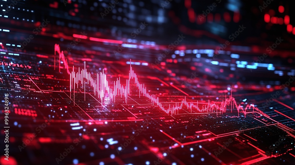 Poster abstract digital background with red and blue data visualization graphic elements.