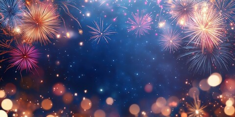 Fototapeta premium Vibrant Fireworks Display Against Dark Blue Sky