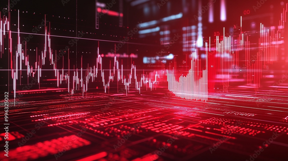 Poster abstract digital background with red data visualization and graph trends representing financial anal