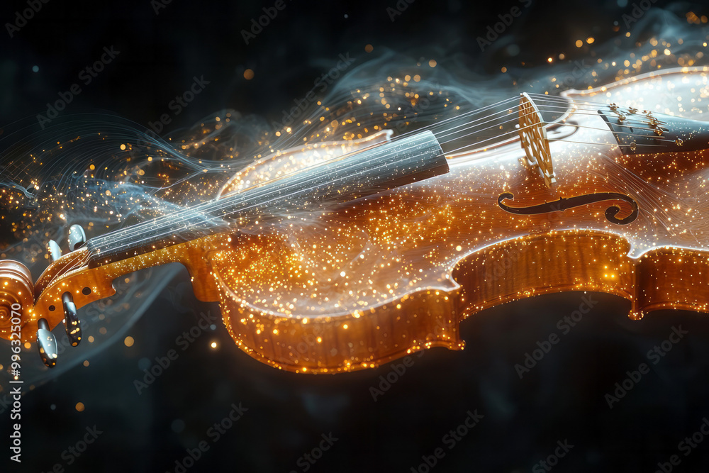 Poster a violin playing, with notes floating off the strings and transforming into soundwaves,