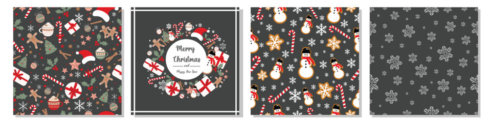 Merry Christmas and Happy New Year Greeting Card and decorative seamless patterns. Beautiful Christmas different patterns set collection on grey backgrounds.