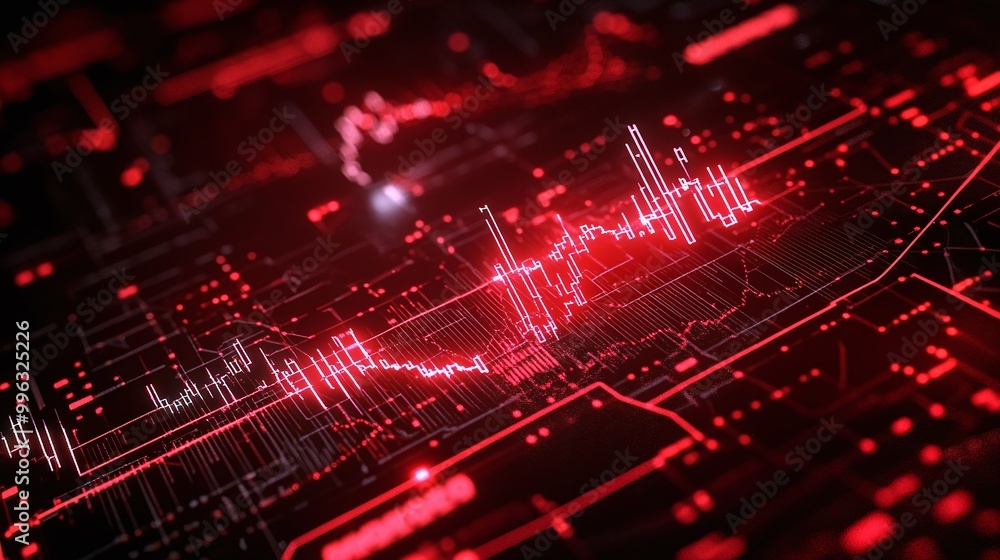 Poster abstract digital background with red glowing lines and wave patterns, ideal for tech and data visual