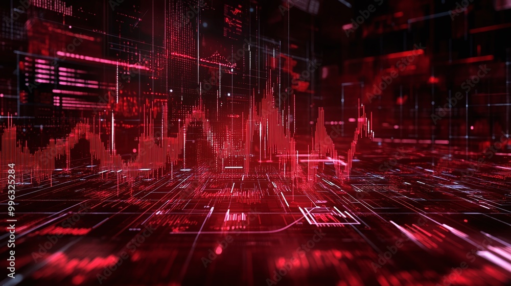 Poster abstract digital background with red glowing lines and data visualizations. futuristic design featur