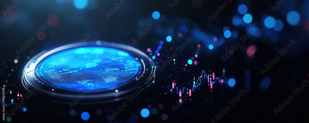 Aufkleber futuristic interface with blue holographic globe and data visualization elements.