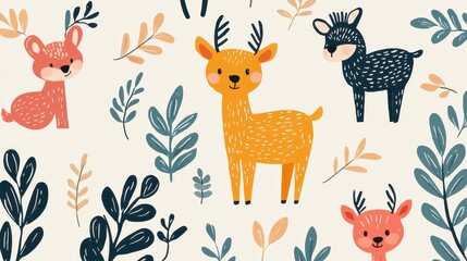 Childlike doodles of animals and trees, vibrant colors, flat design illustration