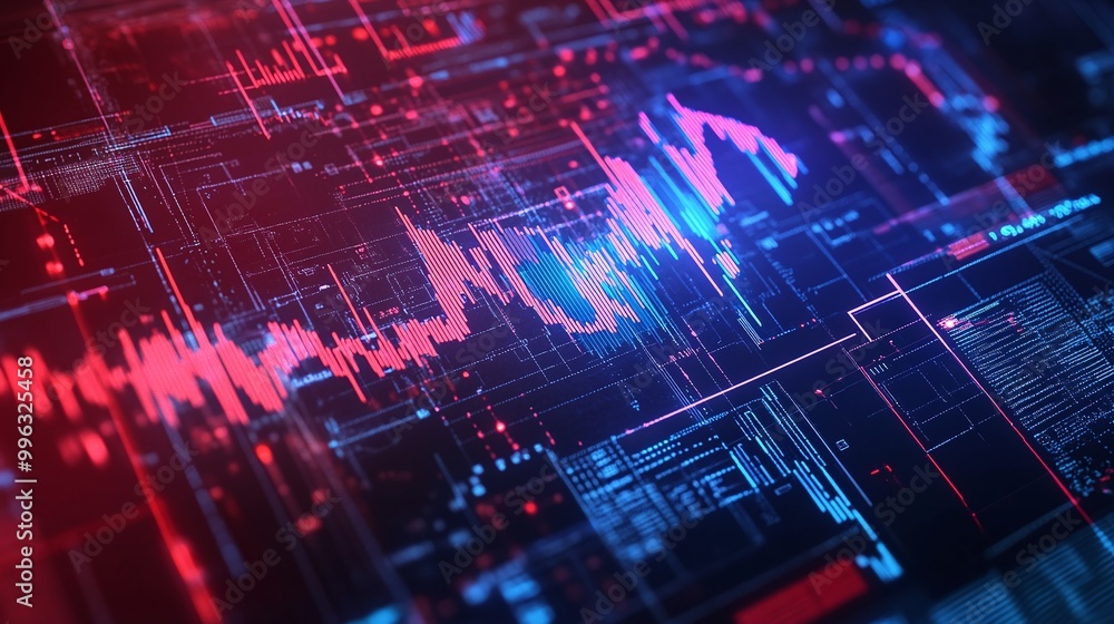 Poster abstract digital background with vibrant blue and red lines and nodes, showcasing data visualization