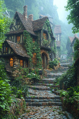 Naklejka premium An old European town gradually transforming into a jungle,