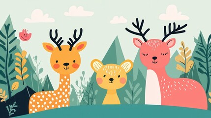 Fototapeta premium Playful wax crayon animals and trees, outdoor scene, flat design illustration
