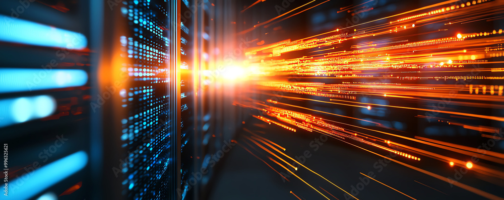 Aufkleber futuristic data center with glowing servers and virtualized networks, information technology hardwar