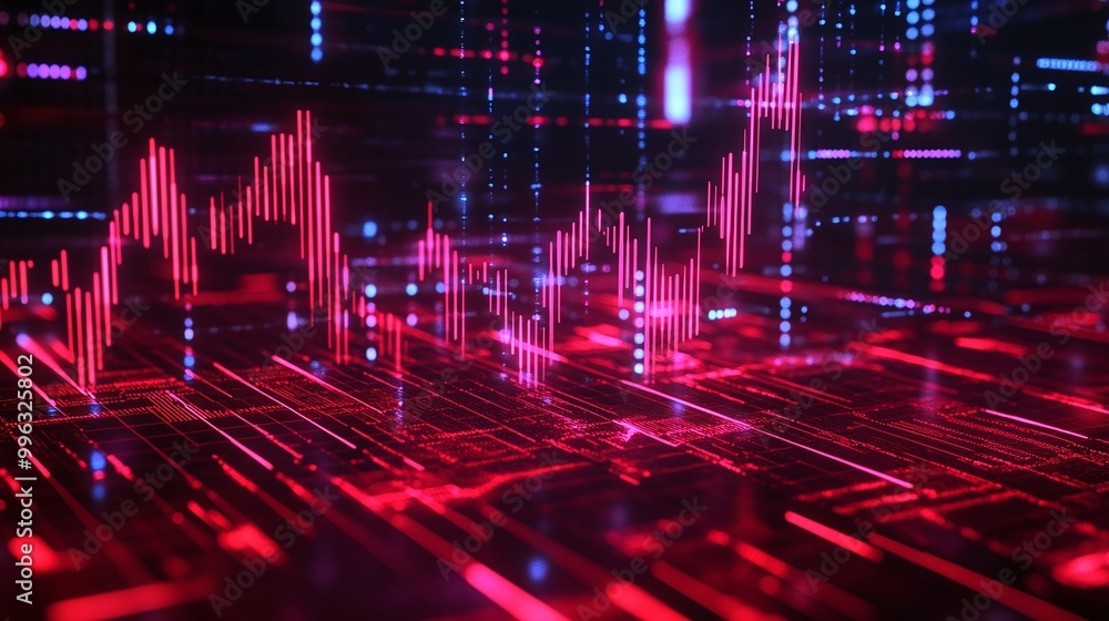 Poster abstract digital background with vibrant red and blue data visualizations showing fluctuations in a 