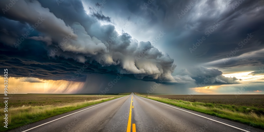 Poster the background of the empty road leading to the storm generative by ai