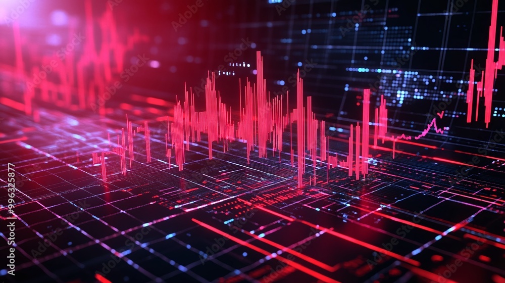 Poster abstract digital background with vibrant red data visualization, representing technology and innovat
