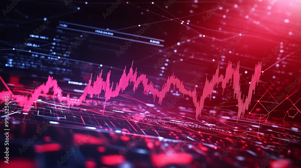Poster abstract digital background with vibrant red and blue graphs representing data and analytics.