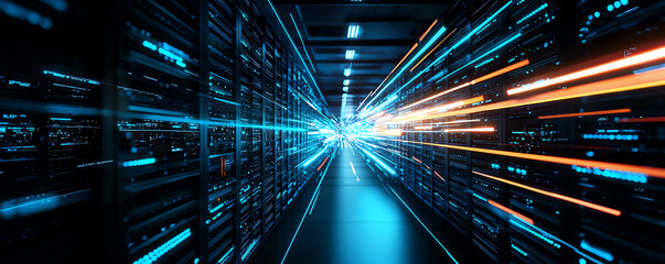 Digital blueprint of a virtualized server farm with hardware interactions, information technology  hardware  virtualization, data center of the future