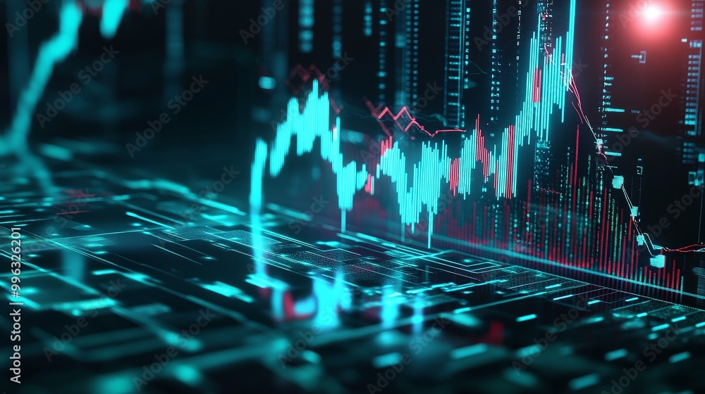 Poster abstract digital chart with glowing lines and data points on a dark background for financial and tec