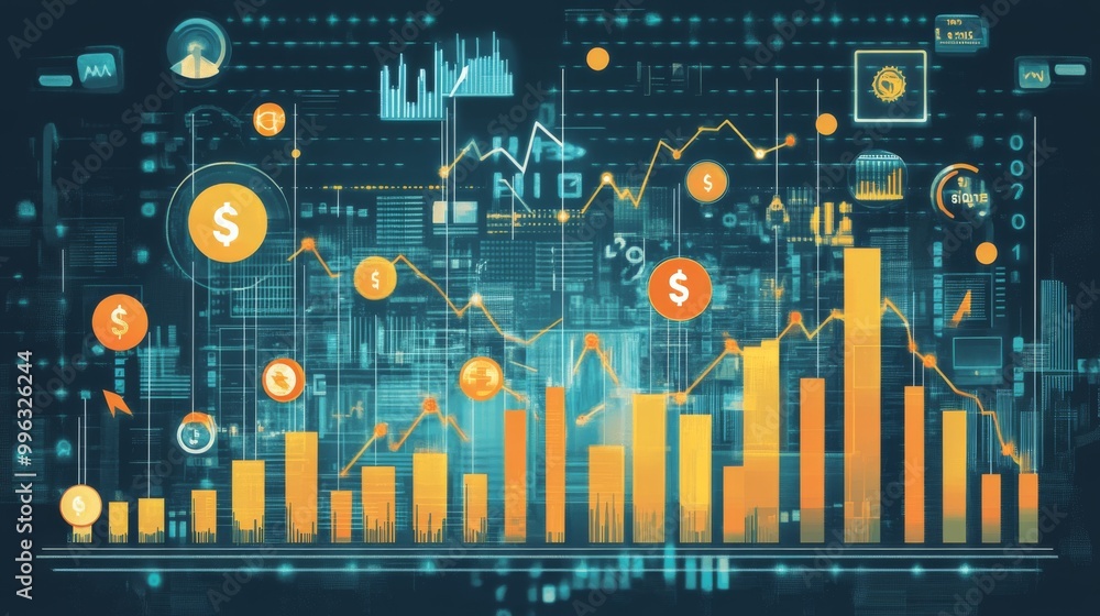 Poster a digital illustration of a stock market graph showing upward trends, surrounded by financial icons 
