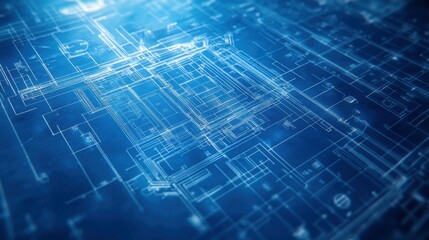 Fototapeta premium High-definition close-up of a blueprint spread across a work surface, focusing on the fine architectural lines, technical symbols, and structural annotations for a building project