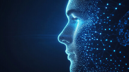 A concept of digital forensics or biometrics, featuring a graphic of a man's face integrated with a fingerprint pattern. The design is complemented by a futuristic interface, incorporating glowing lin