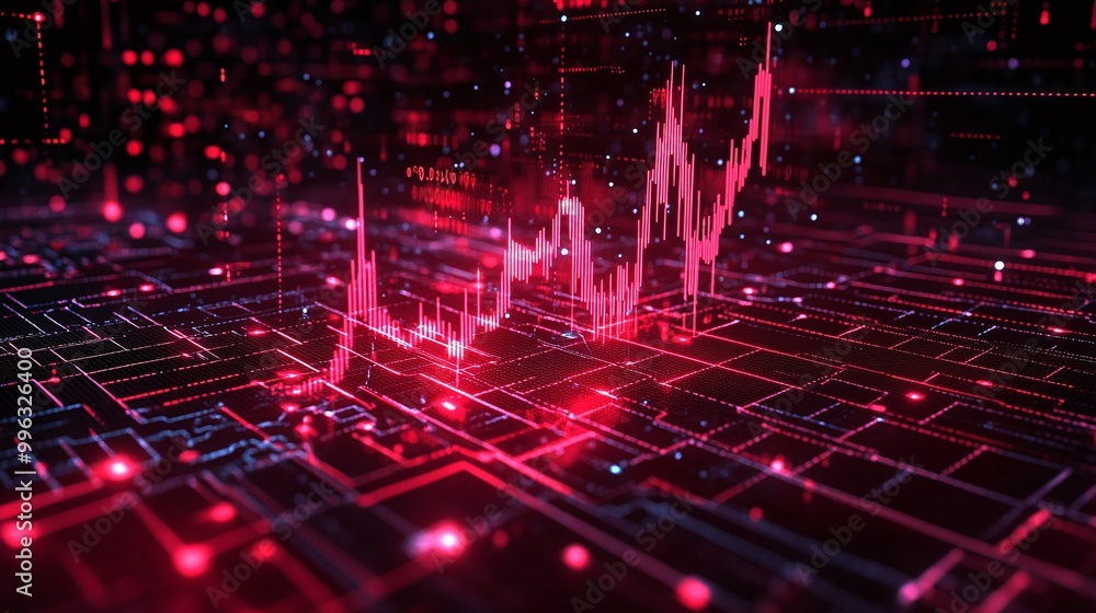 Poster abstract digital chart with red lines and glowing dots, representing data analysis and financial gro