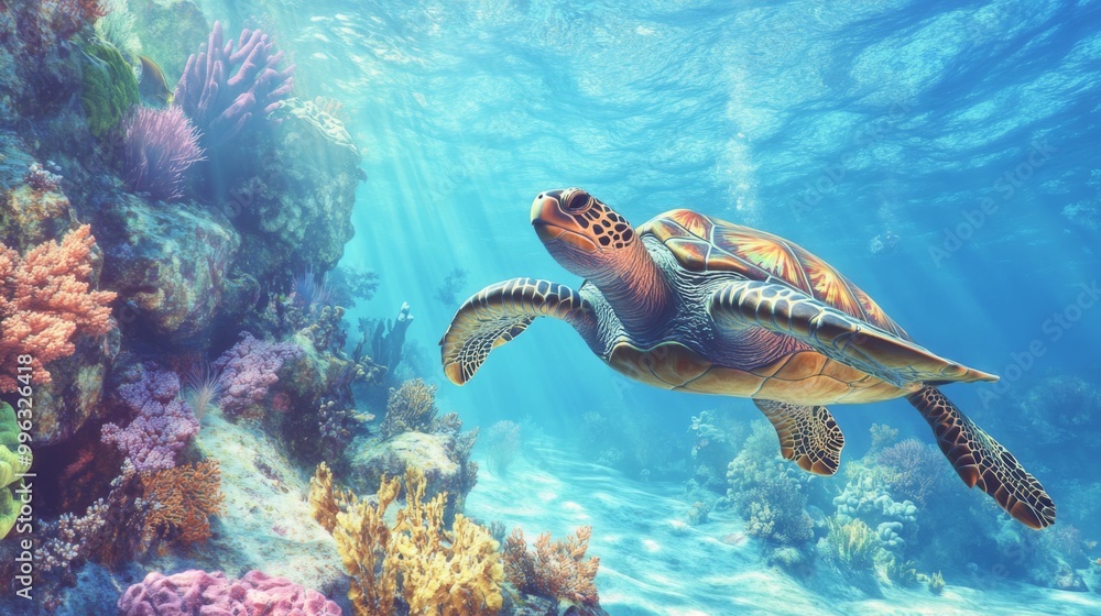Poster a diver observing a sea turtle in the wild, both moving gently through the crystal-clear waters of a