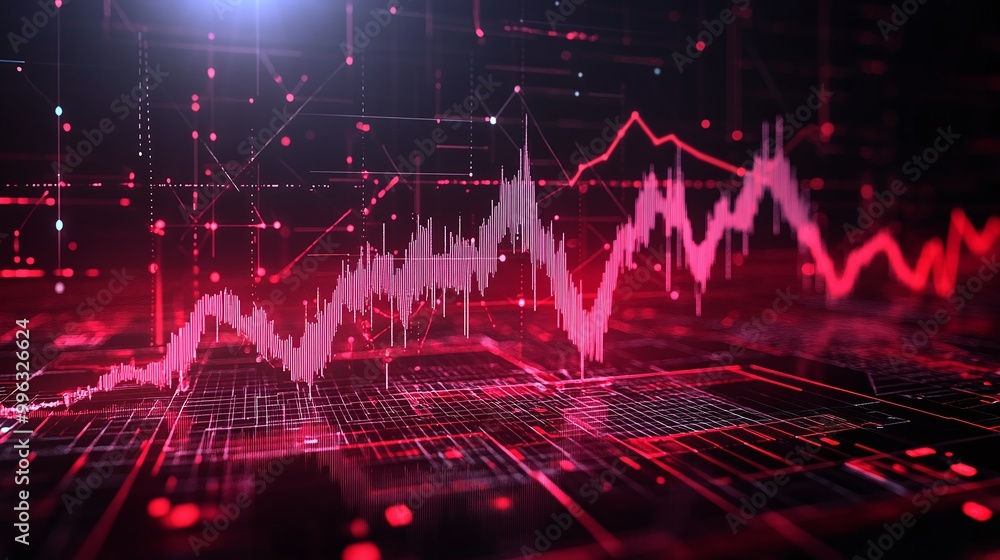 Poster abstract digital chart with red lines and glowing elements representing financial trends and data an